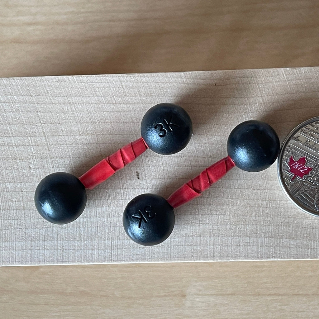 1:12 Scale Miniature Dumbbells with Red Grips, Set of 2, 1-5/8 inch long, DIY Dollhouse Supply (black)