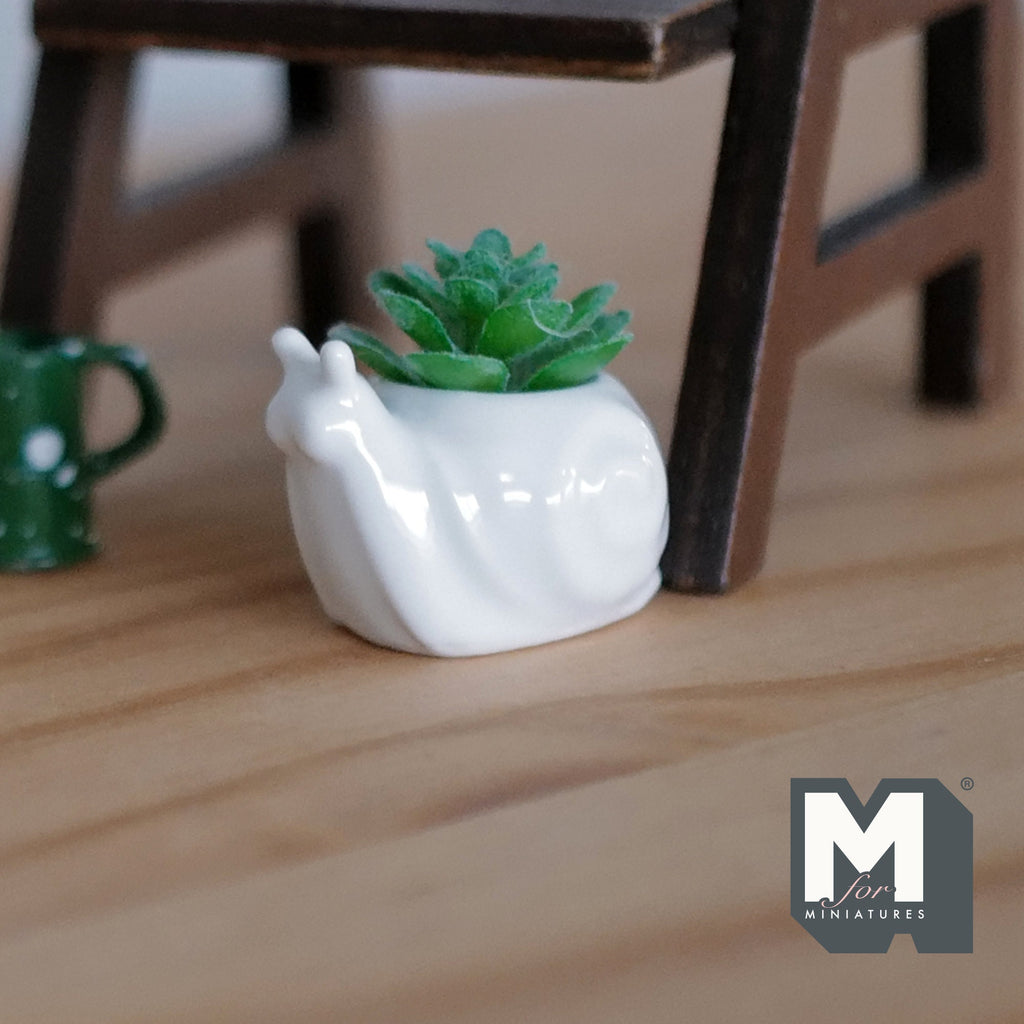 1:12 Scale Miniature Ceramic Snail Planter with Succulent, 1-3/16 inch long, DIY Dollhouse Supply (white)