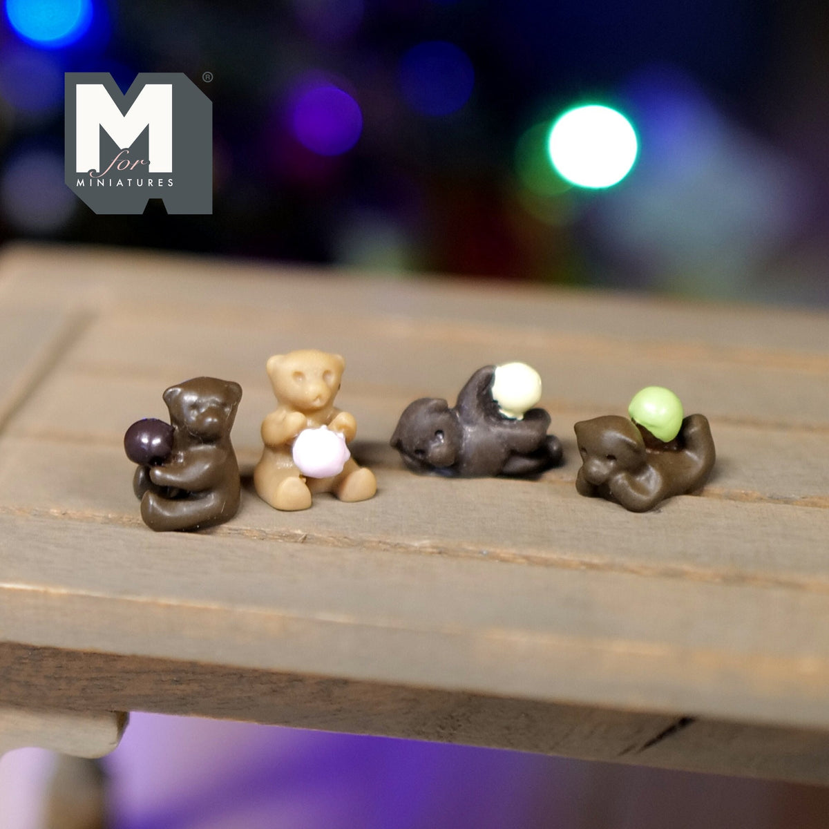 1:12 Scale Miniature Chocolate Bear Cubs with Balls, Set of 4, 9/16 inch long, DIY Dollhouse Supply