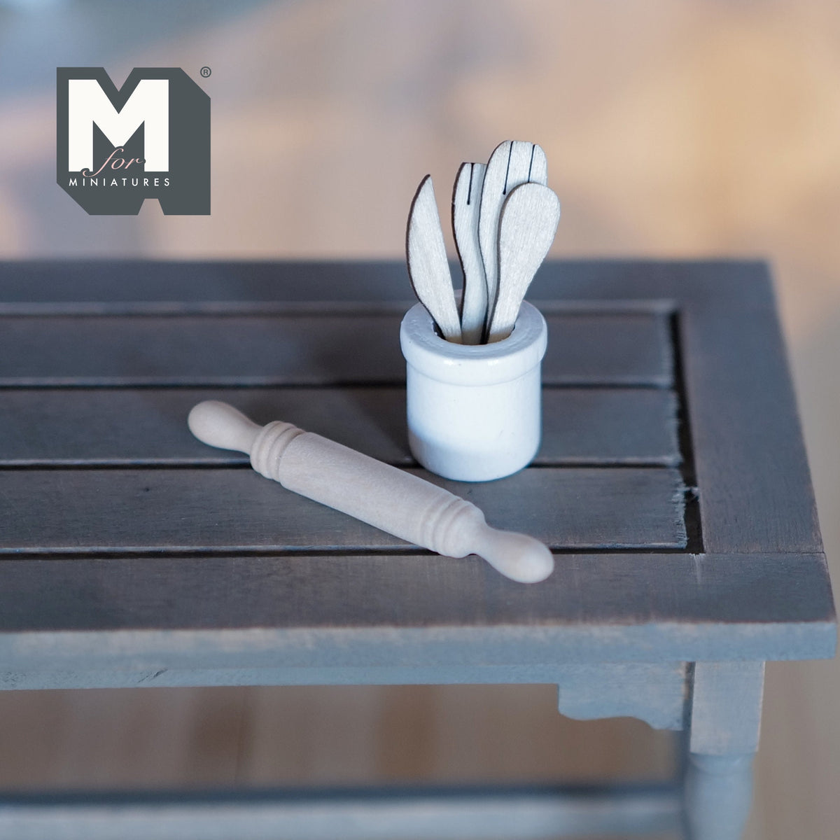 1:12 Scale Miniature Wood Kitchen Utensils and Rolling Pin with Holder, Set of 6, 1-3/16 inch long, DIY Dollhouse Supply