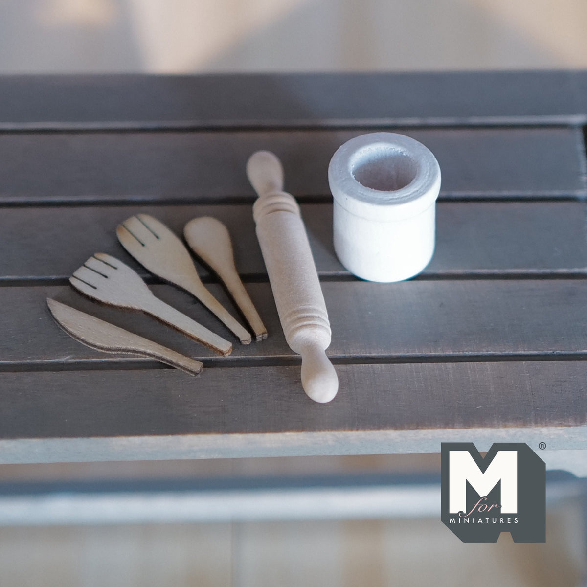 1:12 Scale Miniature Wood Kitchen Utensils and Rolling Pin with Holder, Set of 6, 1-3/16 inch long, DIY Dollhouse Supply