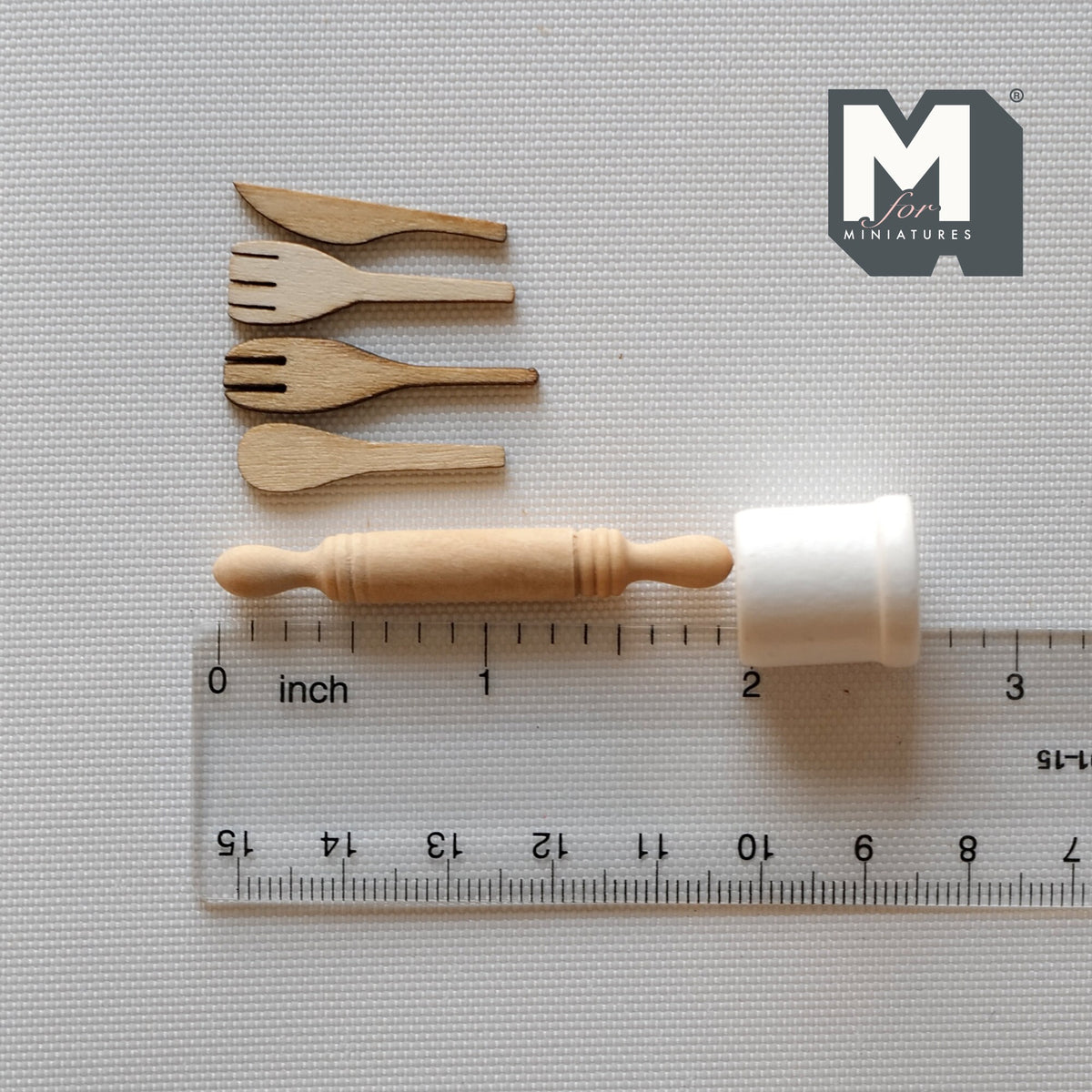 1:12 Scale Miniature Wood Kitchen Utensils and Rolling Pin with Holder, Set of 6, 1-3/16 inch long, DIY Dollhouse Supply