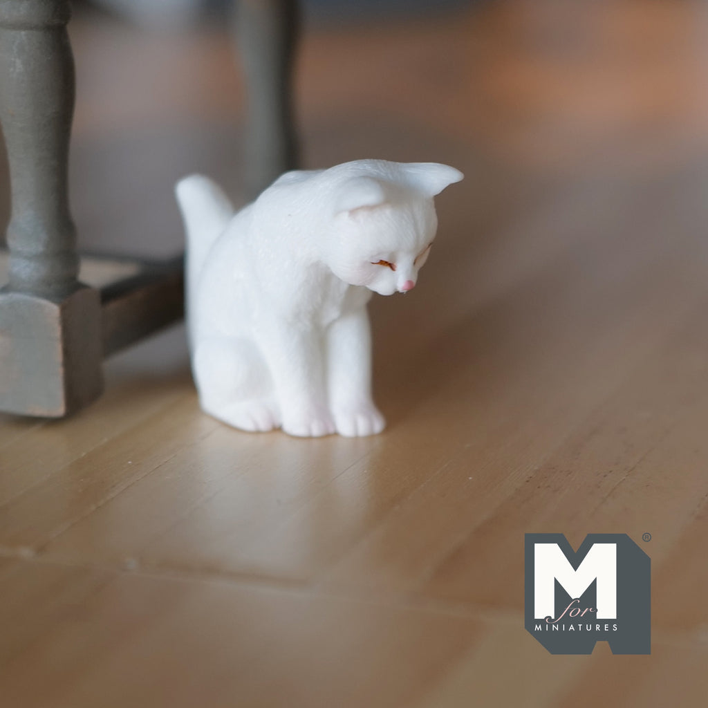 1:12 Scale Miniature Drowsy Sitting Kitten, 1-1/8 inch tall, DIY Dollhouse Supply (white)