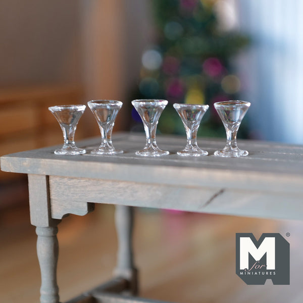 Miniature Martini Glasses Set of 5 , 1:12 Scale Dollhouse Handmade Liquor Wine Glasses (real glass) - E082