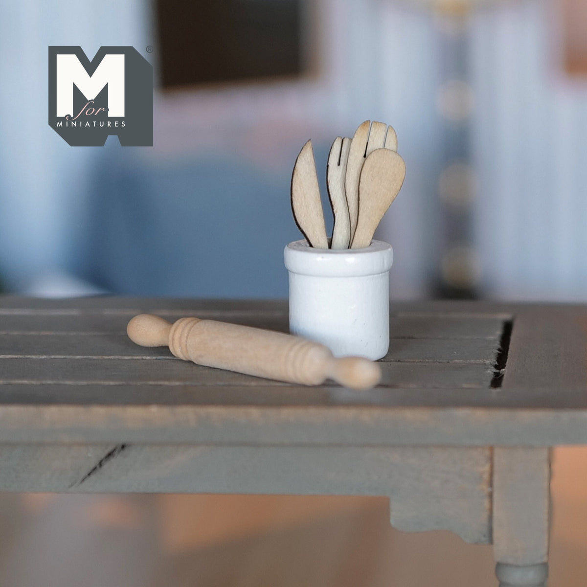 1:12 Scale Miniature Wood Kitchen Utensils and Rolling Pin with Holder, Set of 6, 1-3/16 inch long, DIY Dollhouse Supply