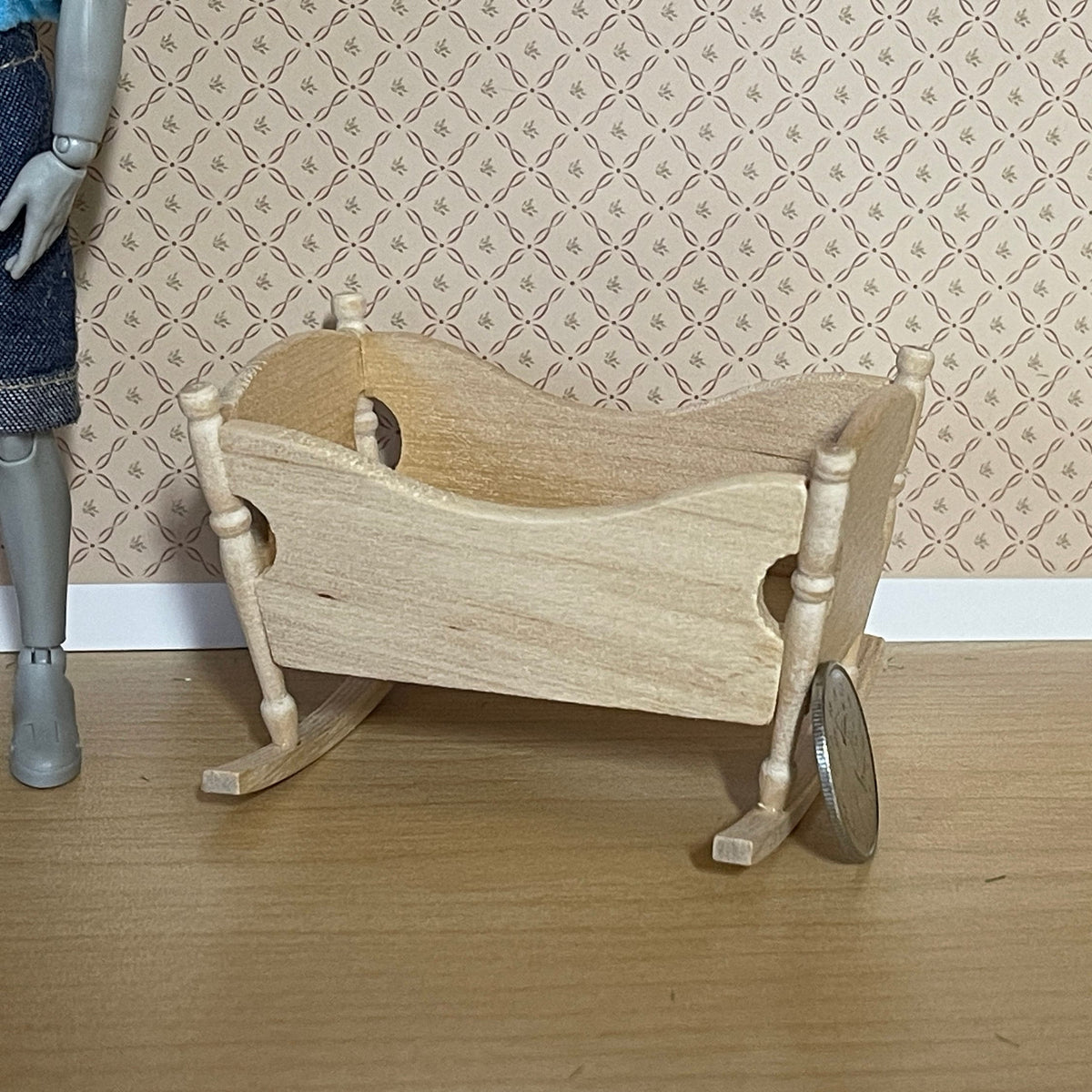 1:12 Scale Miniature Unpainted Wood Rocking Baby Cradle, Shaped Sides, 3-1/4 inch long, DIY Dollhouse Supply