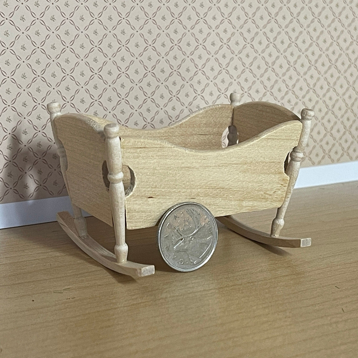 1:12 Scale Miniature Unpainted Wood Rocking Baby Cradle, Shaped Sides, 3-1/4 inch long, DIY Dollhouse Supply