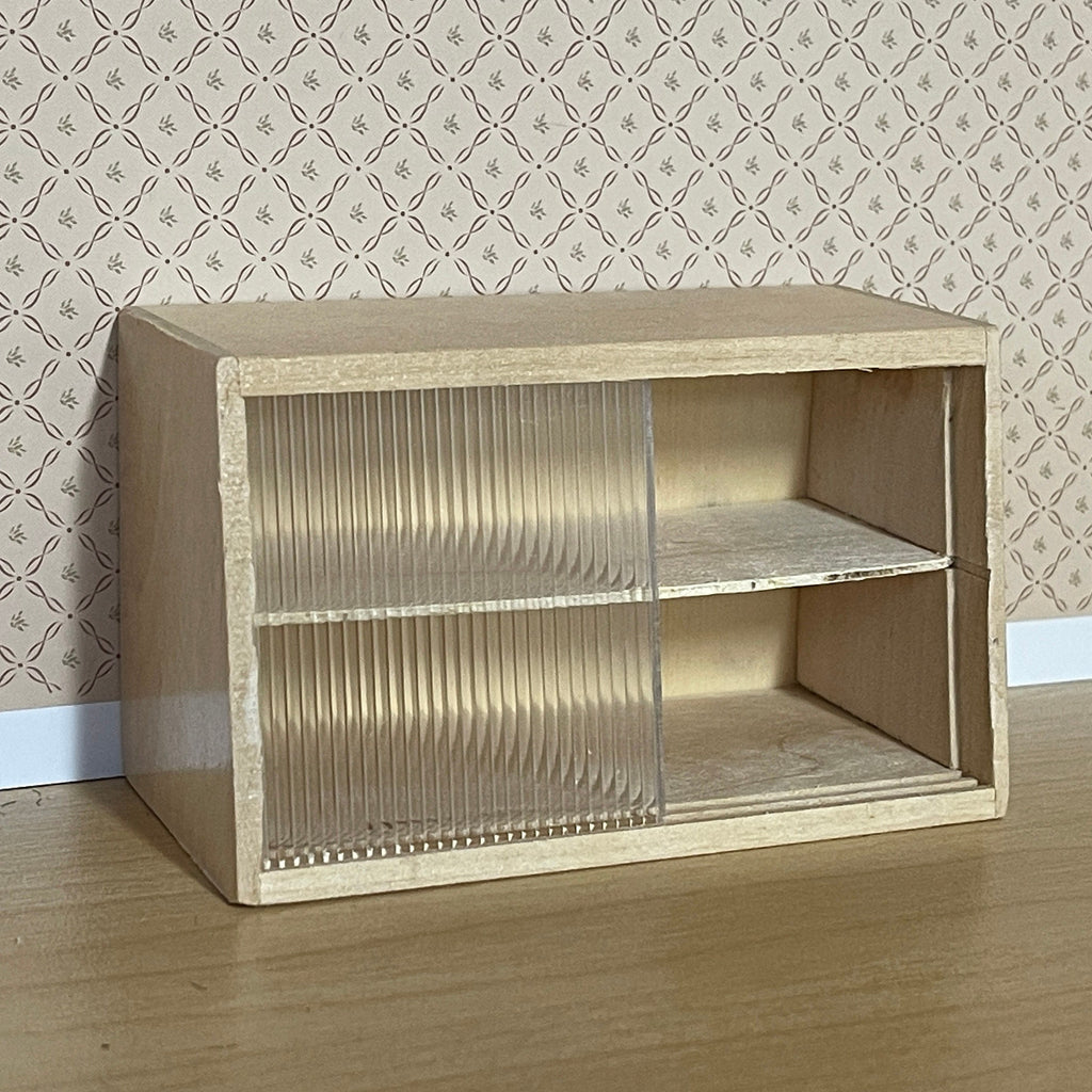 1:12 Scale Miniature Unpainted Wood Wall Shelf Cabinet, 2 Clear Sliding Doors, 3-15/16 inch wide, DIY Dollhouse Supply