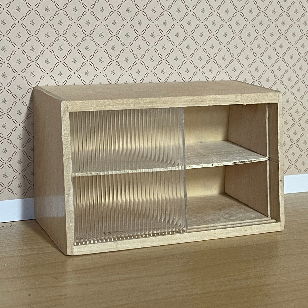 1:12 Scale Miniature Unpainted Wood Wall Shelf Cabinet, 2 Clear Sliding Doors, 3-15/16 inch wide, DIY Dollhouse Supply