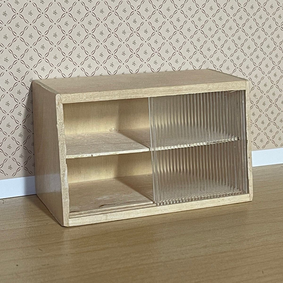 1:12 Scale Miniature Unpainted Wood Wall Shelf Cabinet, 2 Clear Sliding Doors, 3-15/16 inch wide, DIY Dollhouse Supply