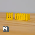 1:12 scale miniature wood picket planter boxes in yellow, square and rectangular, set of 2, on a wood surface