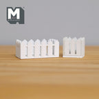 1:12 scale miniature wood picket planter boxes in white, square and rectangular, set of 2, shown on a wood table