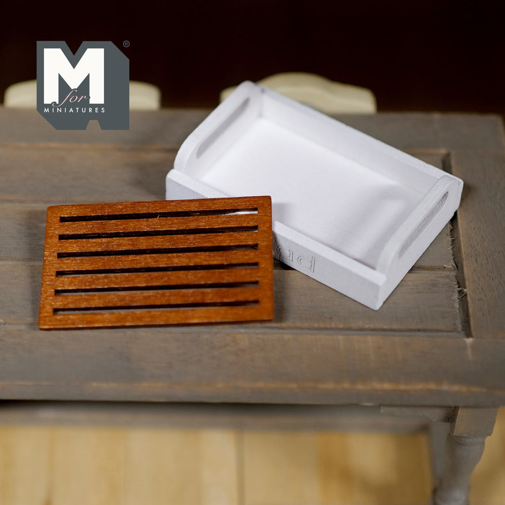 1:12 Scale Miniature Wood Serving Tray with Handles and Slatted Insert, 1-15/16 inch wide, DIY Dollhouse Supply (white)