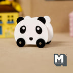 1:12 scale miniature white wood panda storage cart with 4 black wheels and panda face, shown on a tabletop