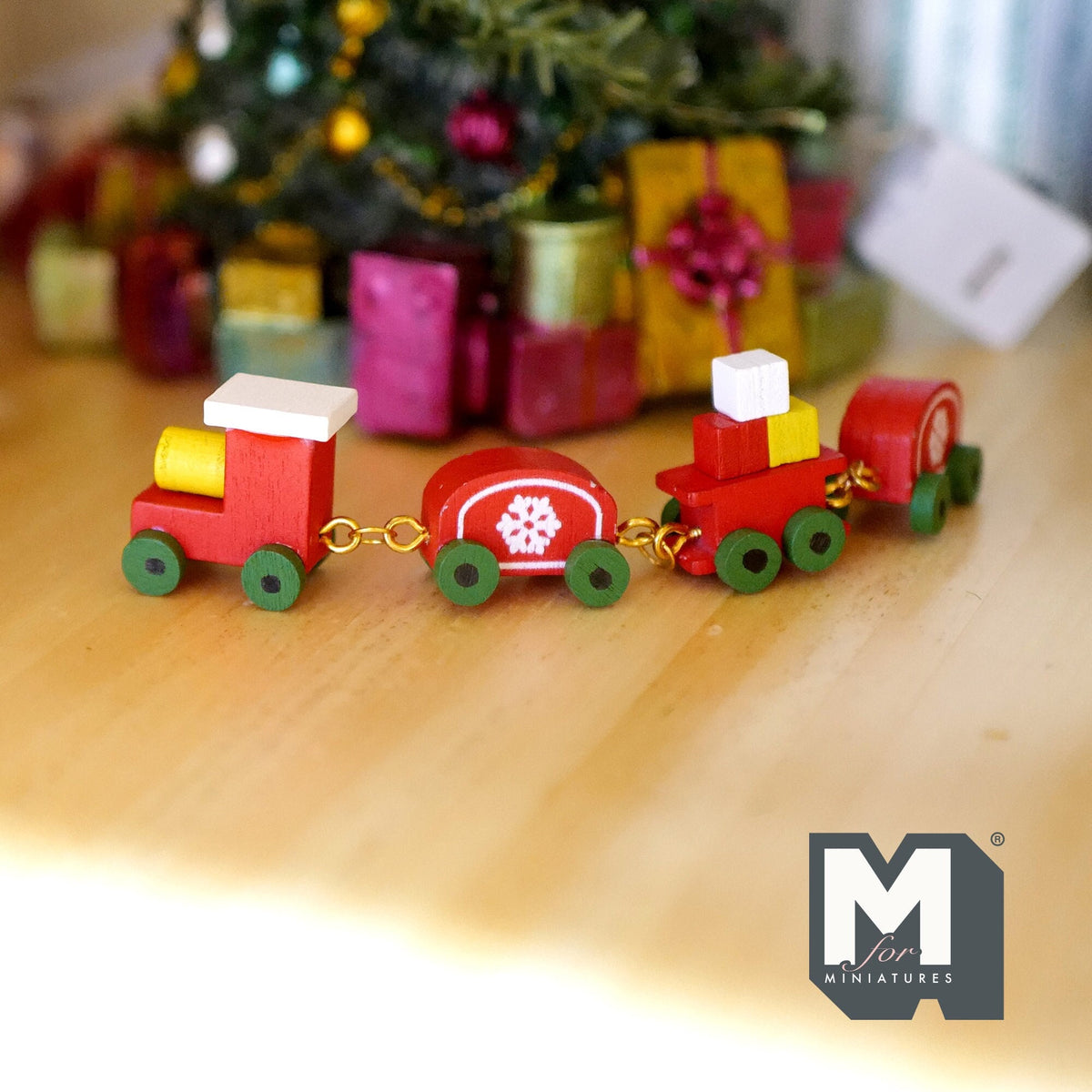 1:12 Scale Miniature Wood Toy Train, Engine with 2 Cars, 4-5/16 inch long, DIY Dollhouse Supply (red)