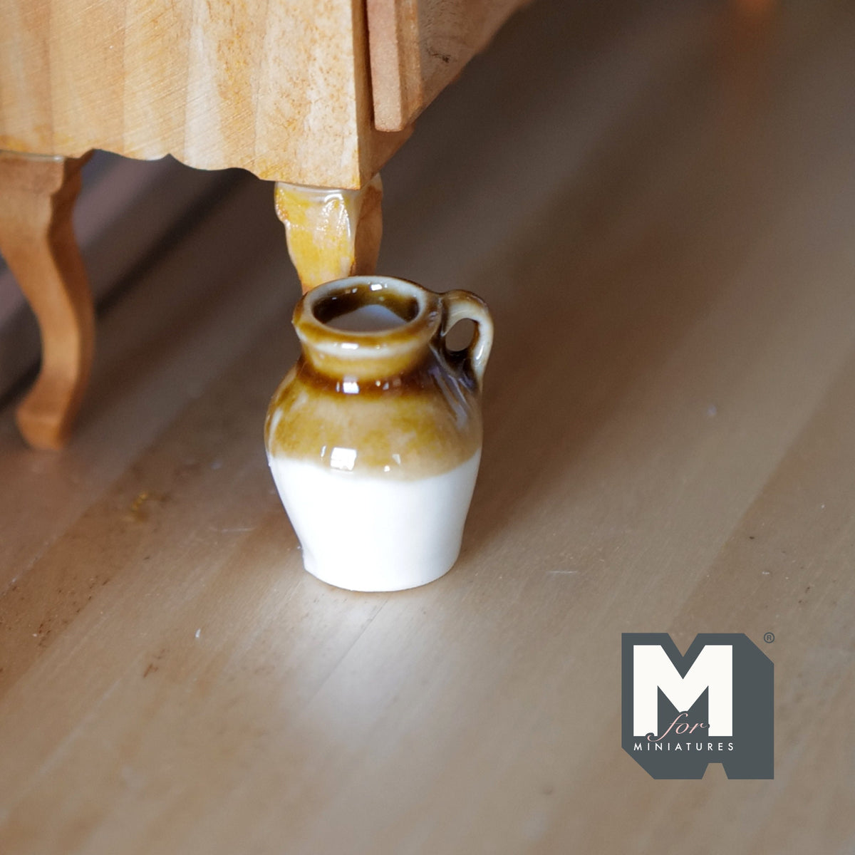 1:12 Scale Miniature Ceramic Jug with Handle, 1 inch tall, DIY Dollhouse Supply (brown and white)
