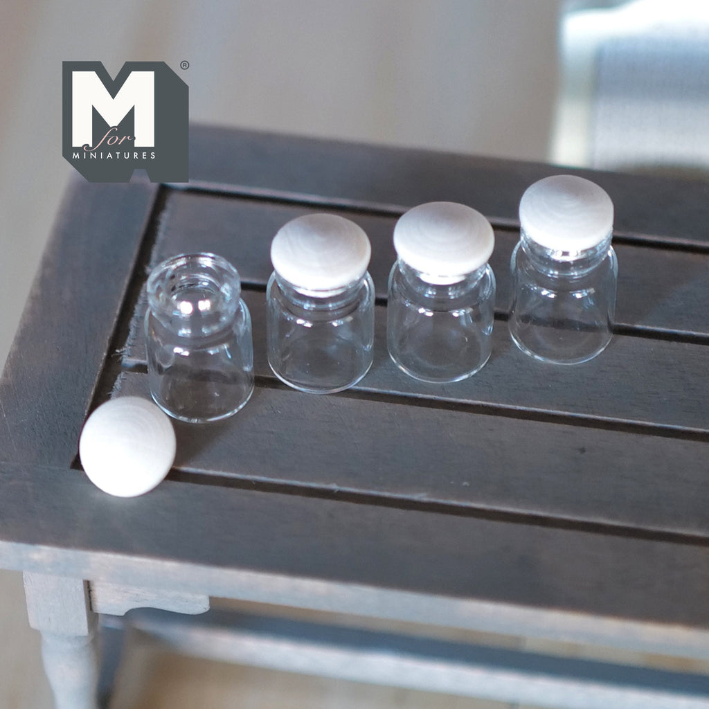 1:12 Scale Miniature Glass Jars with Wood Lids, Set of 4, 7/8 inch tall, DIY Dollhouse Supply