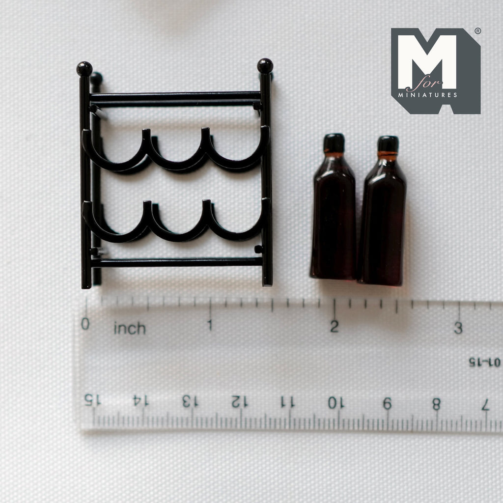 1:12 Scale Miniature Metal Wine Rack with 2 Wine Bottles, Set of 3, 1-3/4 inch tall, DIY Dollhouse Supply (black)