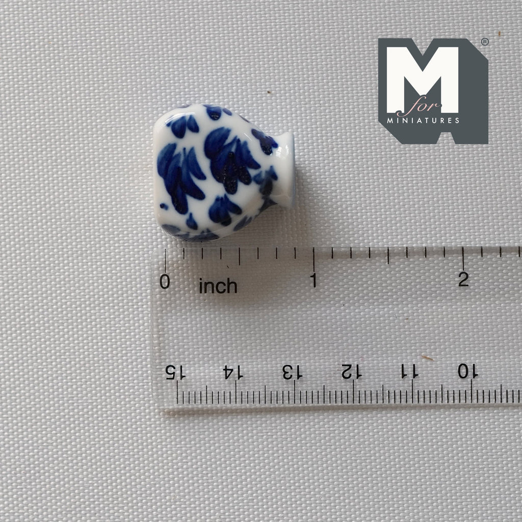 1:12 Scale Miniature Ceramic Vase, Floral Pattern, Short Neck, 7/8 inch tall, DIY Dollhouse Supply (blue and white)