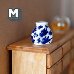 1:12 Scale Miniature Ceramic Vase, Floral Pattern, Short Neck, 7/8 inch tall, DIY Dollhouse Supply (blue and white)