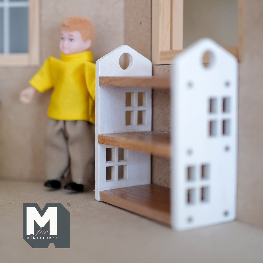 1:12 Scale Miniature Wood House Shaped Bookshelf, 3 Shelves, 2-13/16 inch tall, DIY Dollhouse Supply (white)