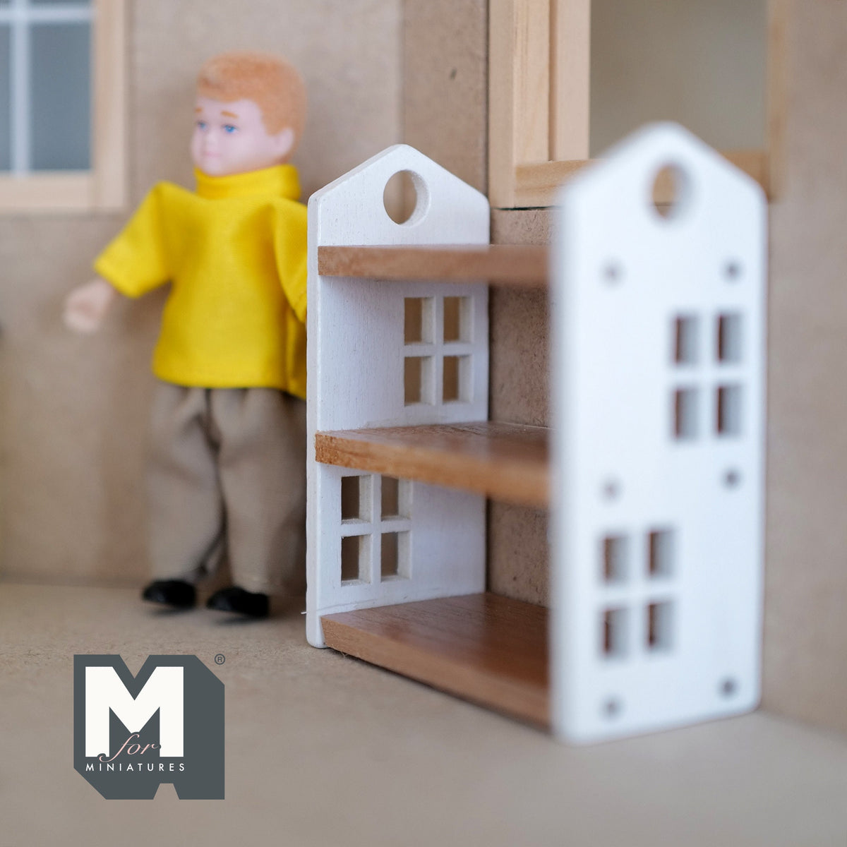 1:12 Scale Miniature Wood House Shaped Bookshelf, 3 Shelves, 2-13/16 inch tall, DIY Dollhouse Supply (white)