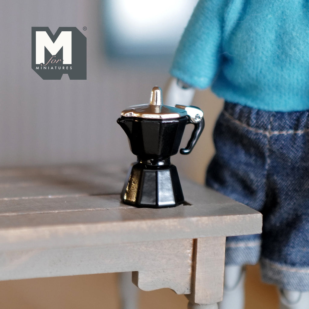 1:12 Scale Miniature Stovetop Coffee Maker, Silver Lid, 1-3/16 inch tall, DIY Dollhouse Supply (metal) (black)