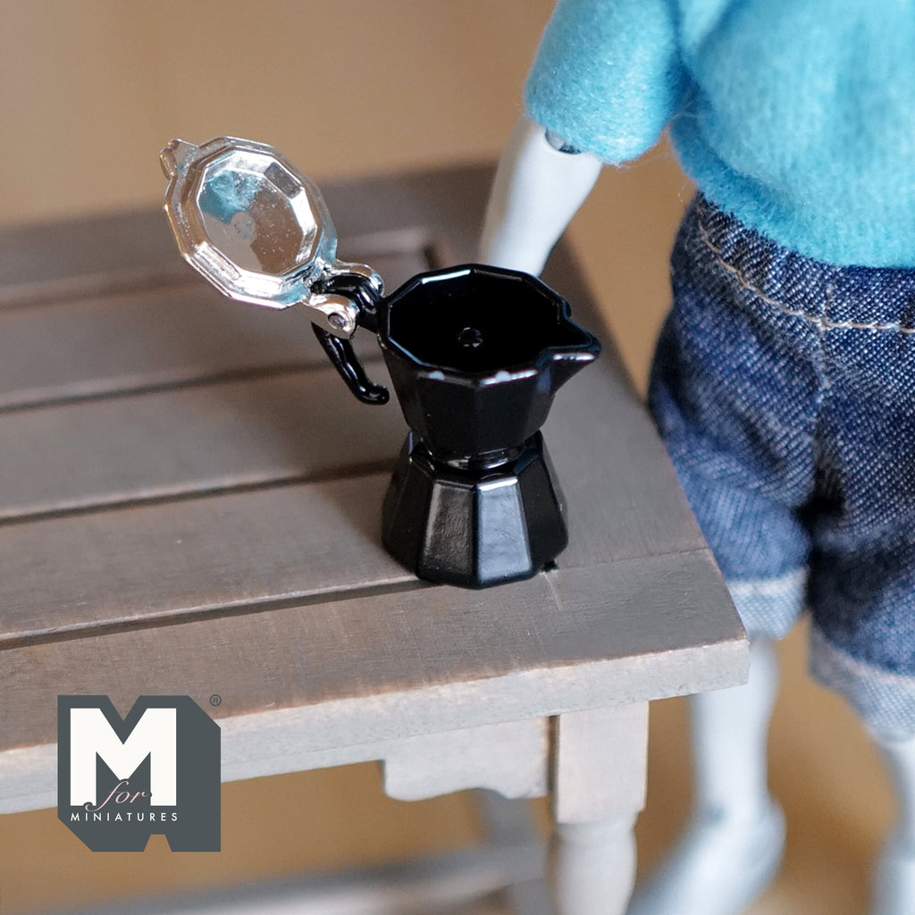 1:12 Scale Miniature Stovetop Coffee Maker, Silver Lid, 1-3/16 inch tall, DIY Dollhouse Supply (metal) (black)