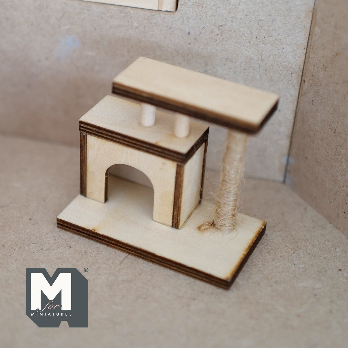 1:12 Scale Miniature Wood Cat Tree with Cat House and Scratching Post, 2-3/16 inch tall, DIY Dollhouse Supply