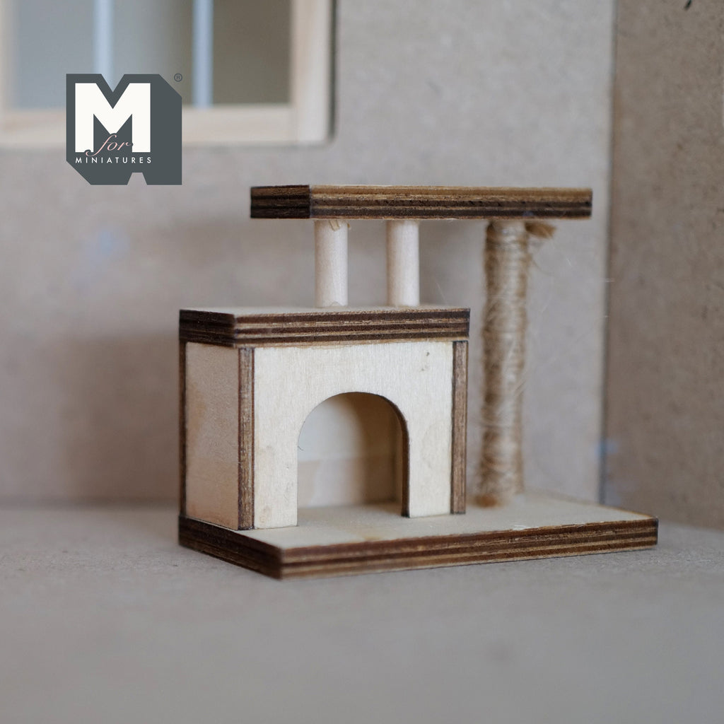1:12 Scale Miniature Wood Cat Tree with Cat House and Scratching Post, 2-3/16 inch tall, DIY Dollhouse Supply