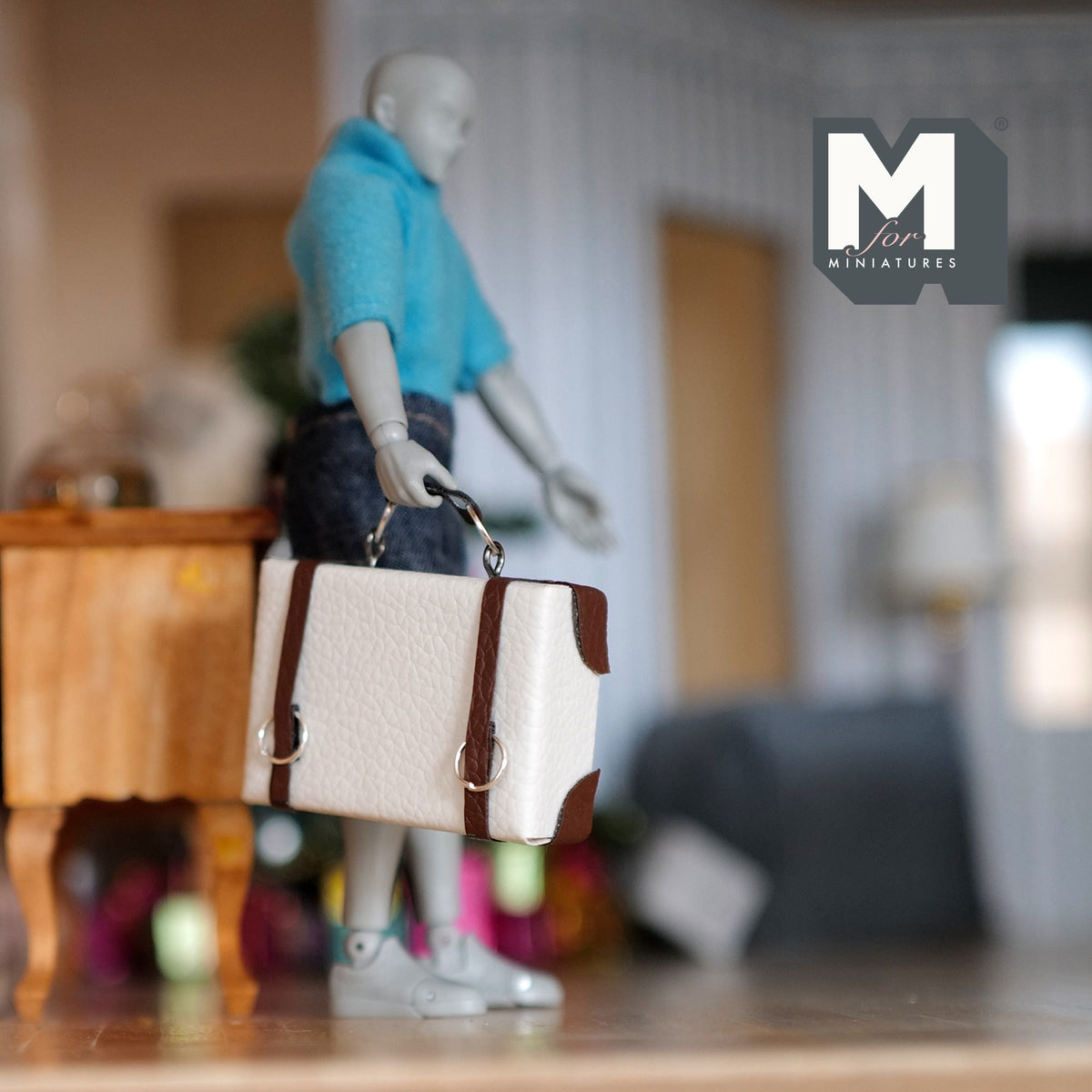 1:12 Scale Miniature Faux Leather Suitcase with Straps and Handle, 1-9/16 inch tall, DIY Dollhouse Supply (white)