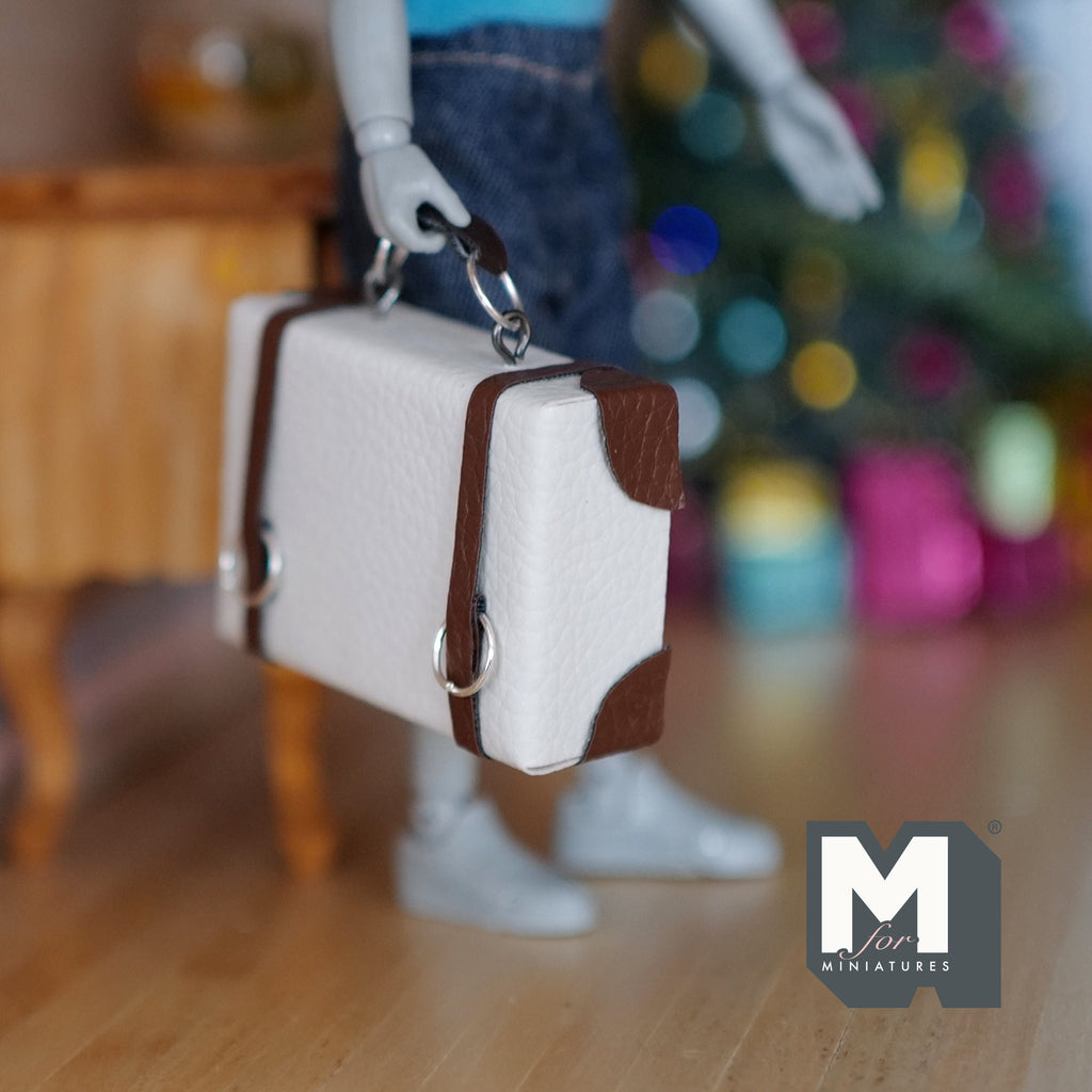 1:12 Scale Miniature Faux Leather Suitcase with Straps and Handle, 1-9/16 inch tall, DIY Dollhouse Supply (white)