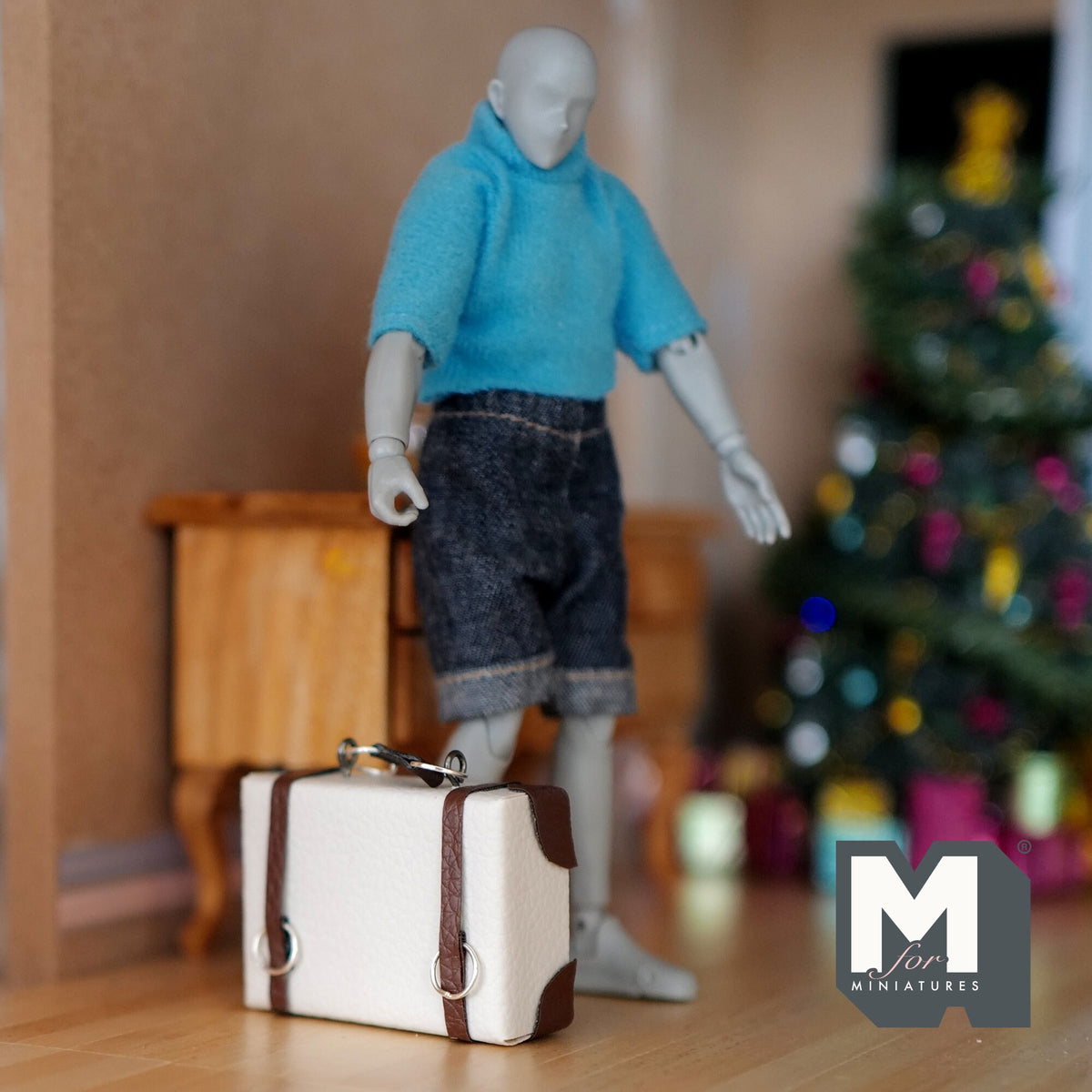 1:12 Scale Miniature Faux Leather Suitcase with Straps and Handle, 1-9/16 inch tall, DIY Dollhouse Supply (white)