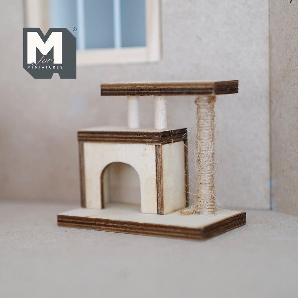 1:12 Scale Miniature Wood Cat Tree with Cat House and Scratching Post, 2-3/16 inch tall, DIY Dollhouse Supply
