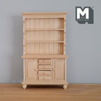 1:12 scale miniature unpainted wood kitchen hutch with 2 doors, 4 drawers and open plate shelves, on a wood floor