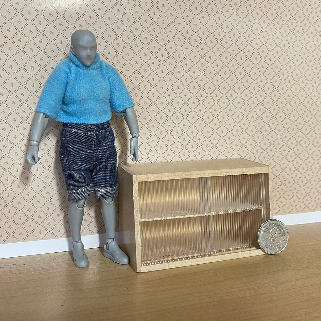 1:12 Scale Miniature Unpainted Wood Wall Shelf Cabinet, 2 Clear Sliding Doors, 3-15/16 inch wide, DIY Dollhouse Supply