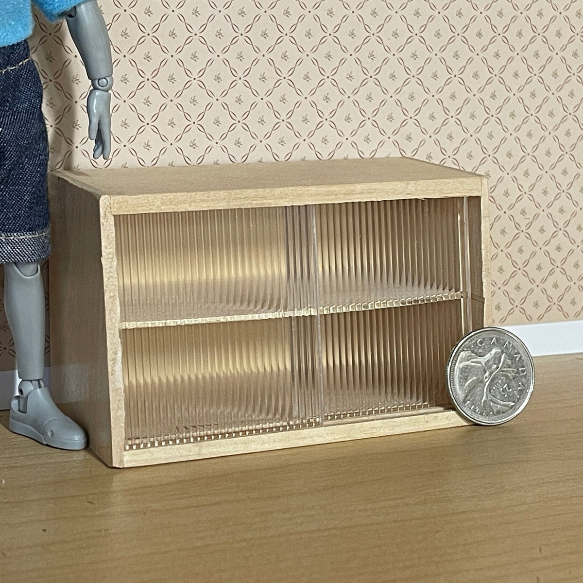 1:12 Scale Miniature Unpainted Wood Wall Shelf Cabinet, 2 Clear Sliding Doors, 3-15/16 inch wide, DIY Dollhouse Supply