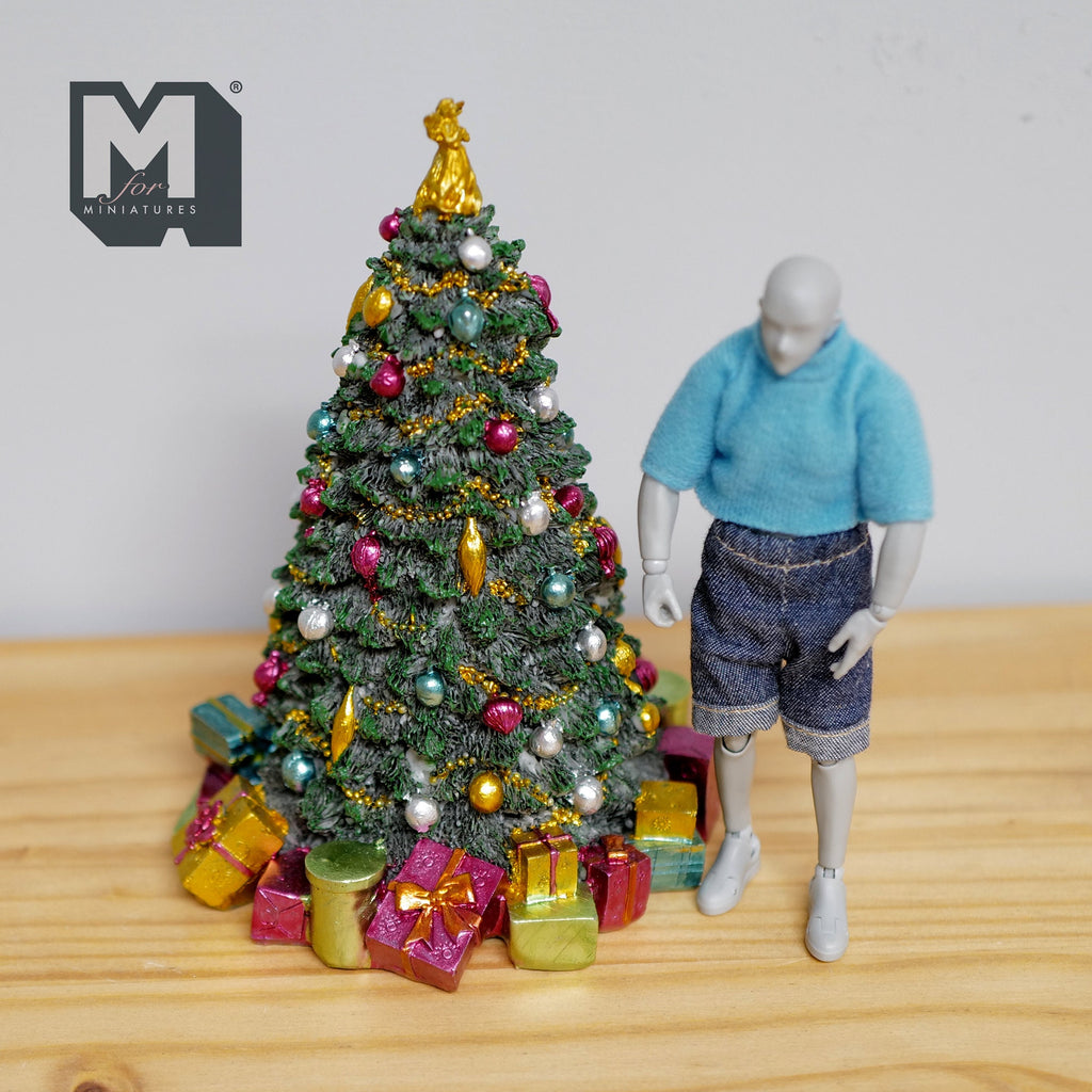 1:12 Scale Miniature Christmas Tree with Ornaments, Angel Topper and Gift Boxes, 6-1/2 inch tall, DIY Dollhouse Supply (1 piece cast resin)