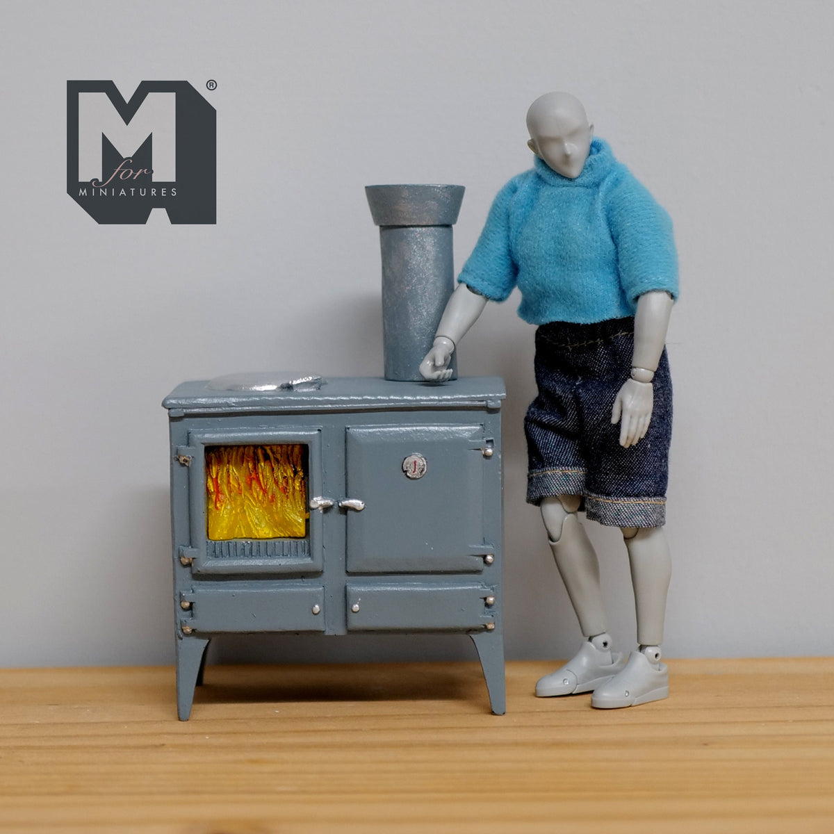 1:12 Scale Miniature Old Style Kitchen Range Stove with Chimney, Fixed Doors, 4-13/16 inch tall, DIY Dollhouse Supply (cast resin) (gray)