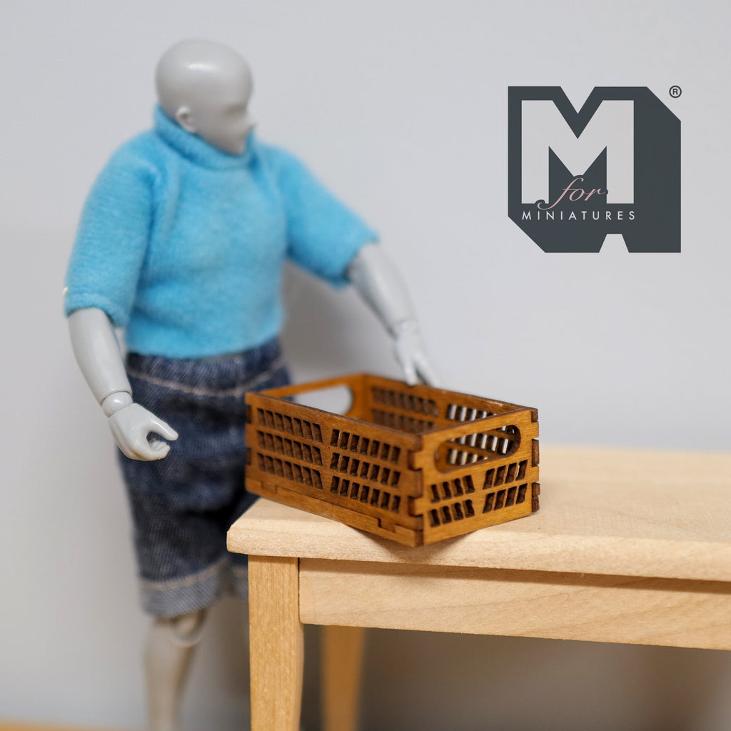 1:12 Scale Miniature Unpainted Wood Storage Crate, Slatted Sides, 11/16 inch tall, DIY Dollhouse Supply