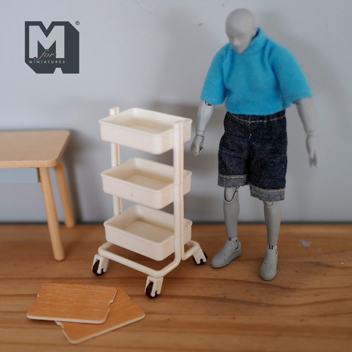 1:12 Scale Miniature Rolling Utility Cart with 2 Wood Covers, 3 Tiers, 3-5/8 inch tall, DIY Dollhouse Supply (white)