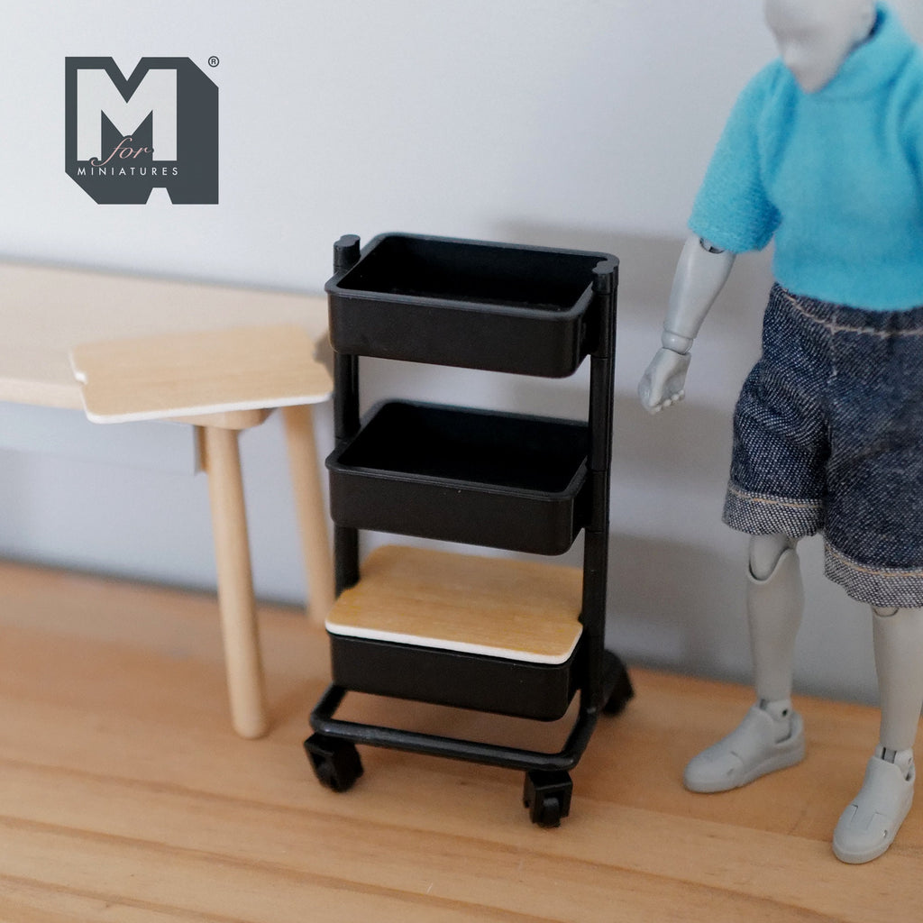 1:12 Scale Miniature Rolling Utility Cart with 2 Wood Covers, 3 Tiers, 3-5/8 inch tall, DIY Dollhouse Supply (black)