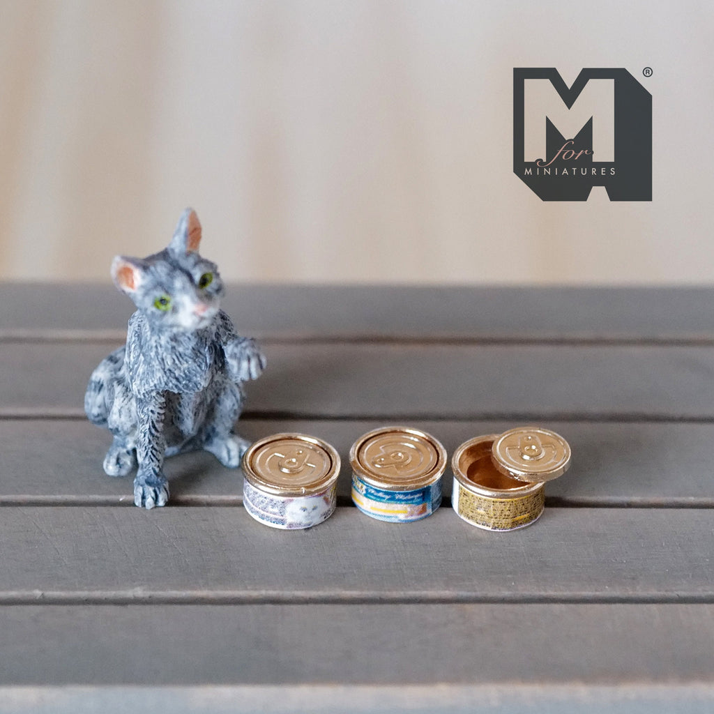 1:12 Scale Miniature Metal Cat Food Cans with Lids, Set of 3, 7/16 inch dia., DIY Dollhouse Supply
