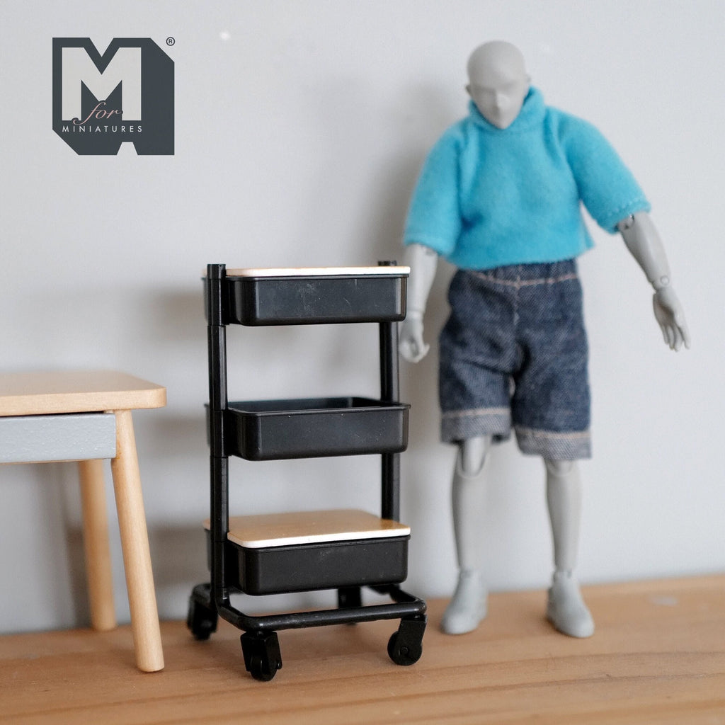1:12 Scale Miniature Rolling Utility Cart with 2 Wood Covers, 3 Tiers, 3-5/8 inch tall, DIY Dollhouse Supply (black)