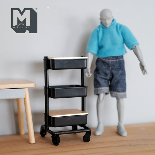 Miniature Utility Cart with 3 Shelves and 2 Covers Basket 1:12 Scale Workshop Trolley Cart Mechanic's Garage Mobile Cart(plastic) black J004