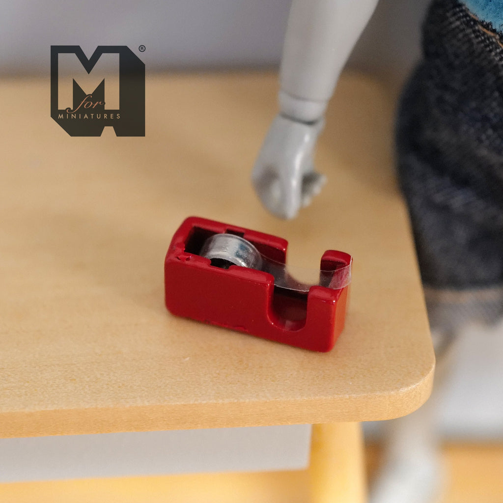1:12 Scale Miniature Metal Tape Dispenser with Real Tape, 11/16 inch long, DIY Dollhouse Supply (red)