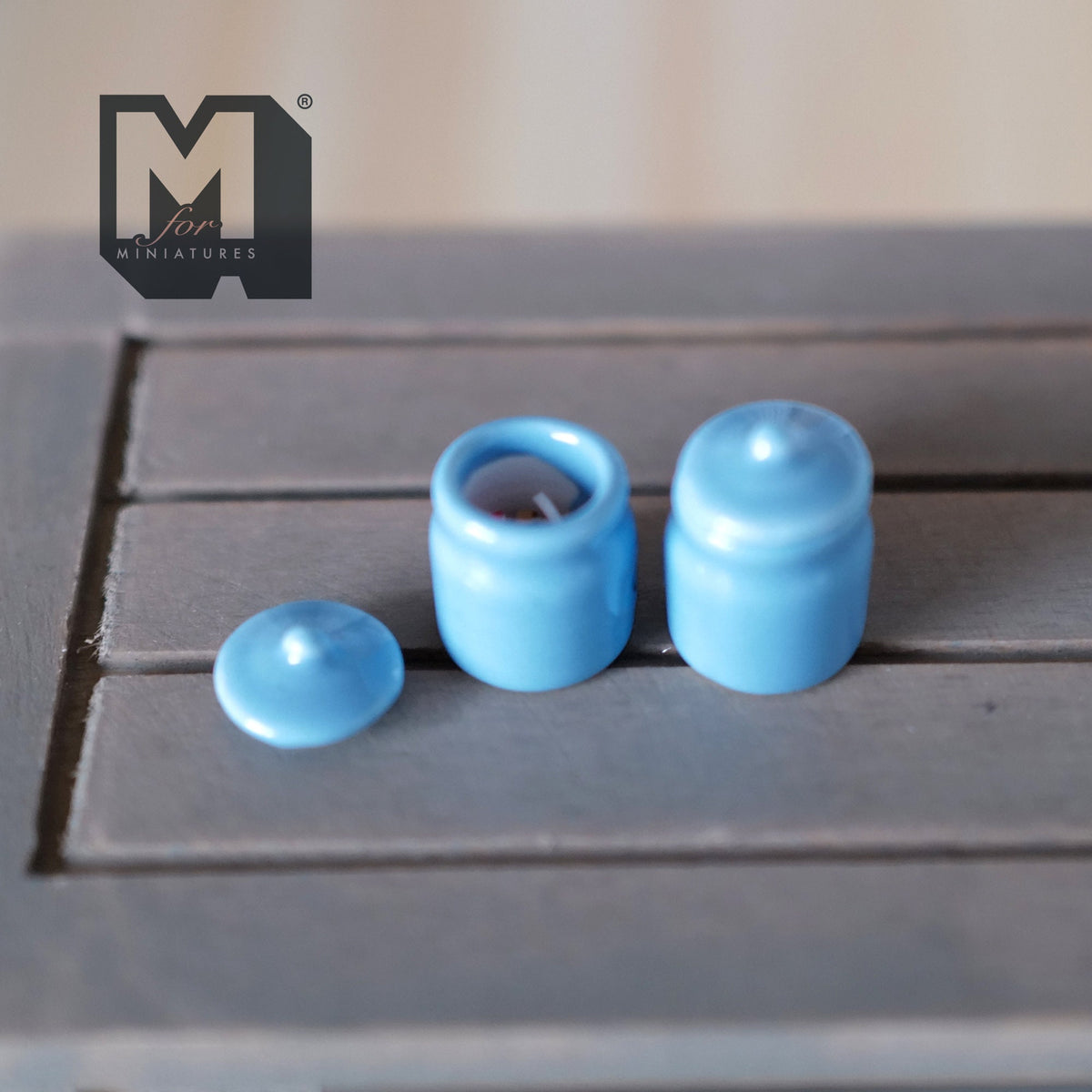 1:12 Scale Miniature Ceramic Jars with Lids, Set of 2, 11/16 inch tall, DIY Dollhouse Supply (blue)