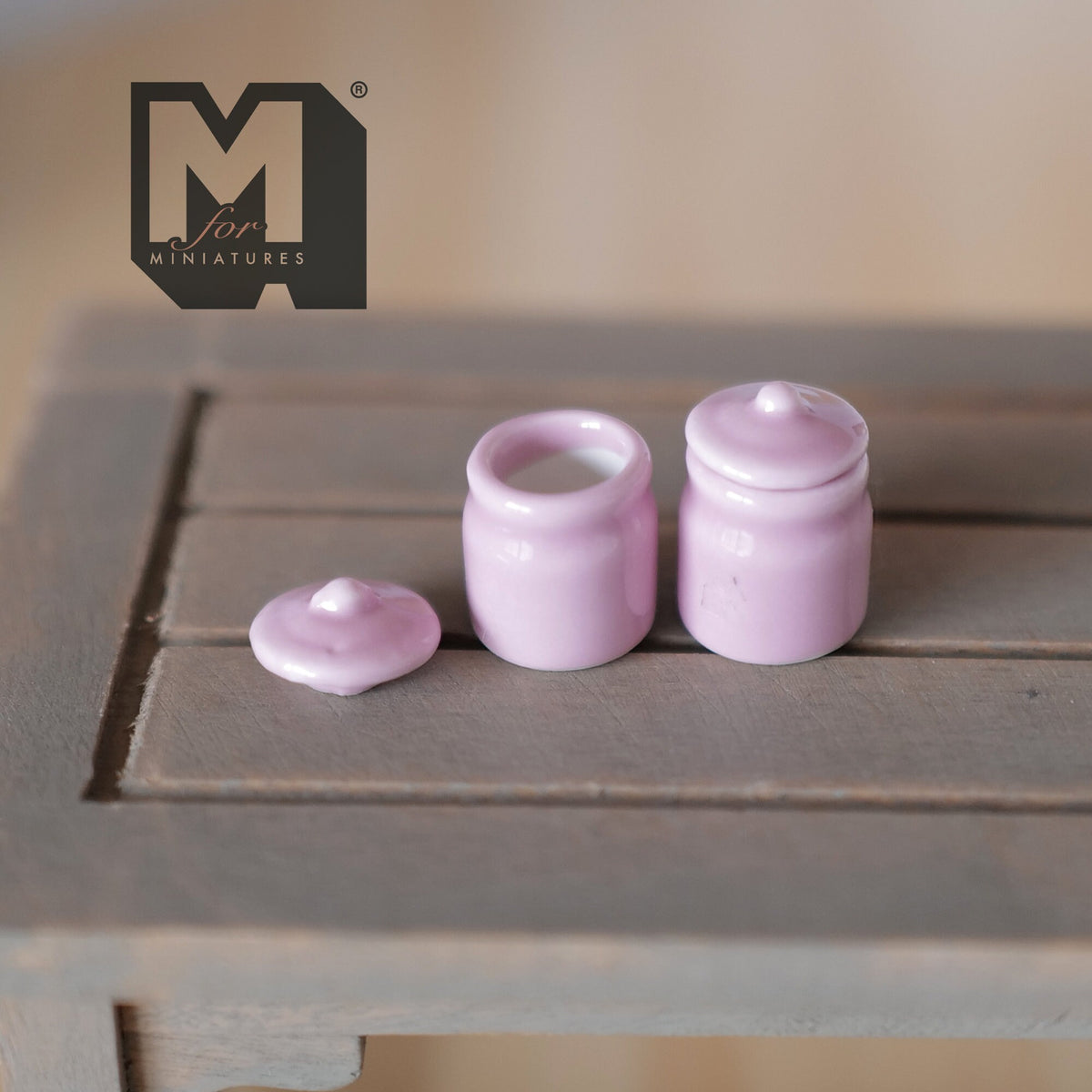 1:12 Scale Miniature Ceramic Jars with Lids, Set of 2, 11/16 inch tall, DIY Dollhouse Supply (pink)
