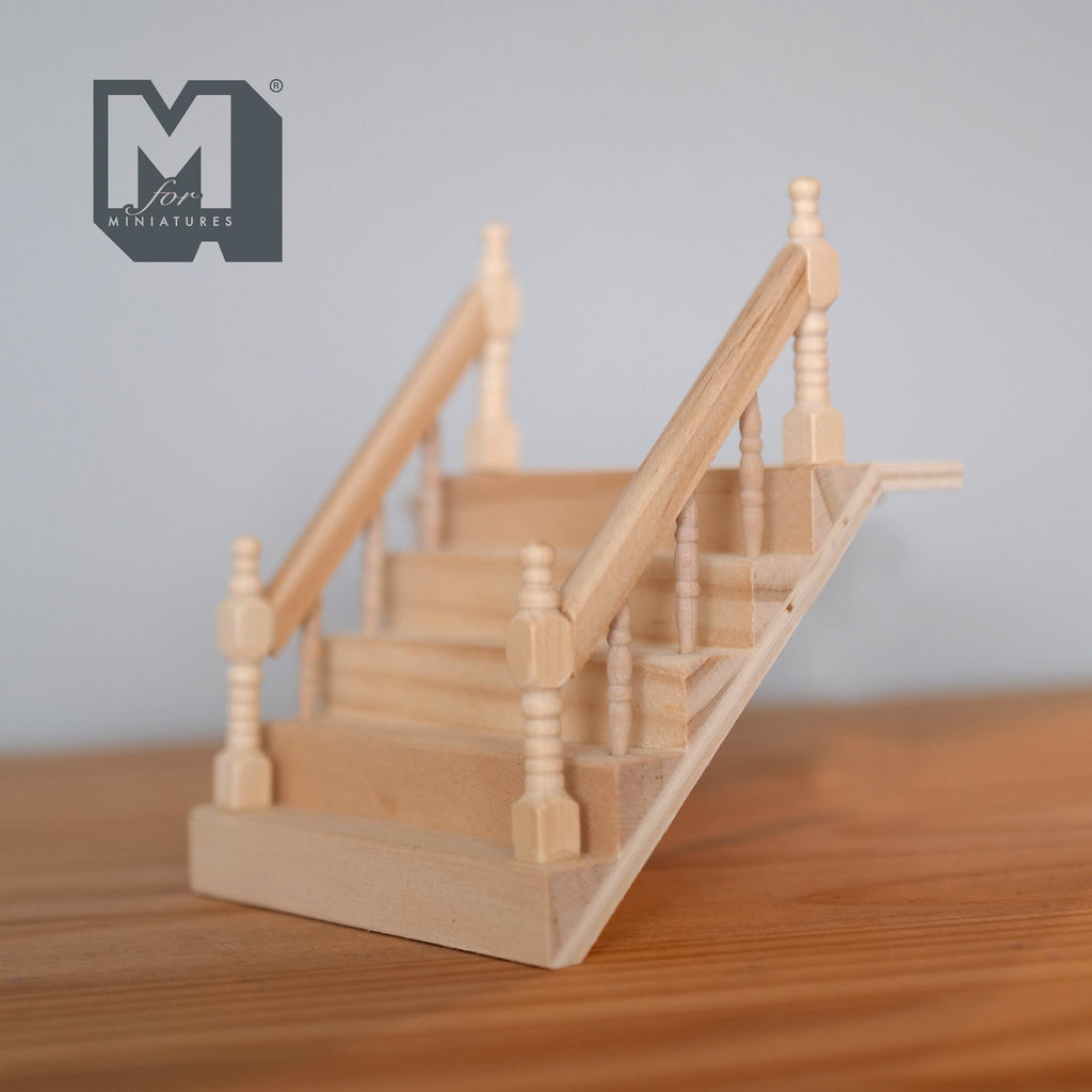 1:12 Scale Miniature Unfinished Dollhouse Entryway Steps with Handrails, 5 Steps, 2-7/8 inch high