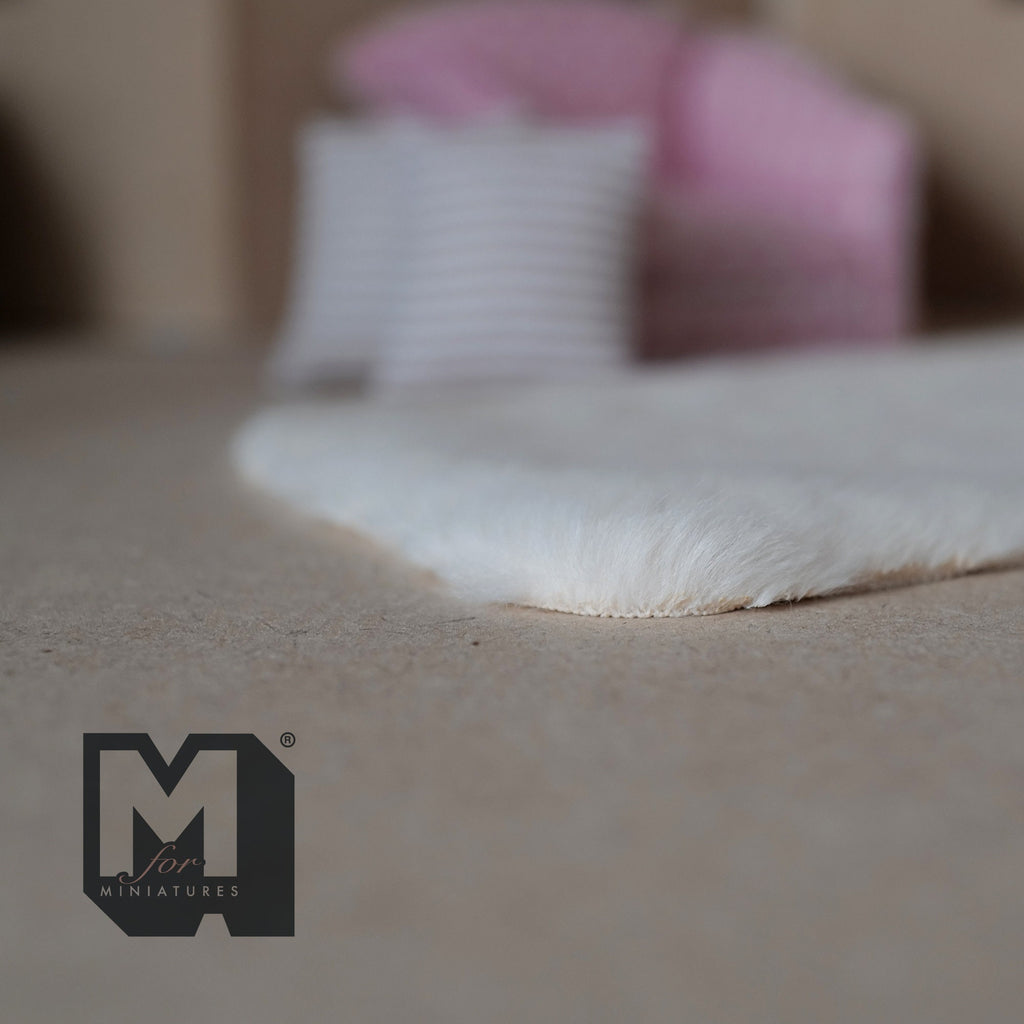 1:12 Scale Miniature Faux Sheepskin Rug, Rectangular with Rounded Corners, 6-1/2 inch long, DIY Dollhouse Supply (cream)